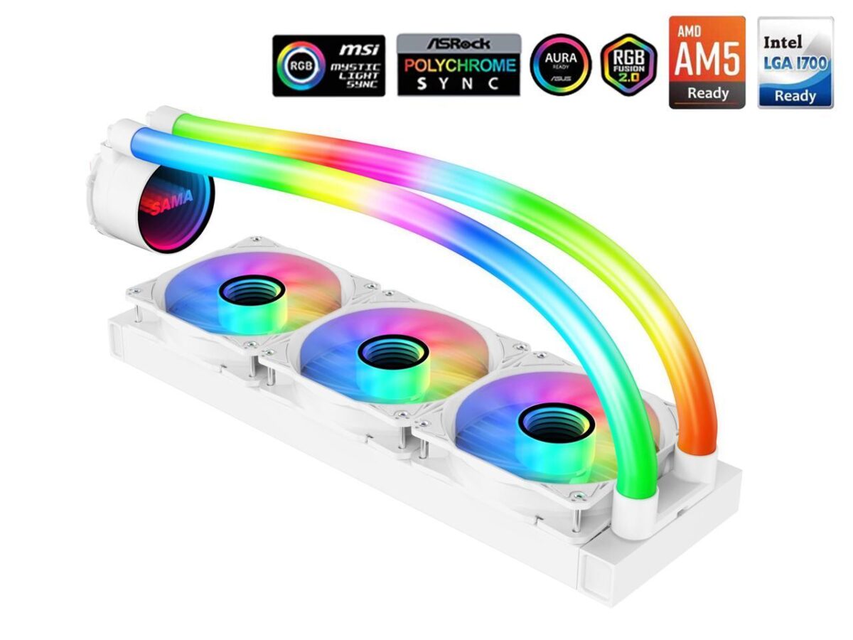 ⁦SAMA PS360 White AIO Liquid Cooler 360mm ARGB CPU Radiator with Infinity Mirror PWM Fans ARGB Effects Tube Water Cooler⁩ - الصورة ⁦6⁩