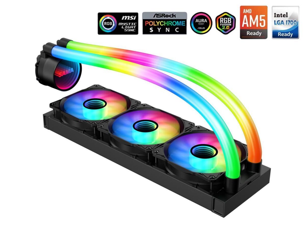 ⁦SAMA PS360 Black AIO Liquid Cooler 360mm ARGB CPU Radiator with Infinity Mirror PWM Fans ARGB Effects Tube Water Cooler⁩ - الصورة ⁦6⁩