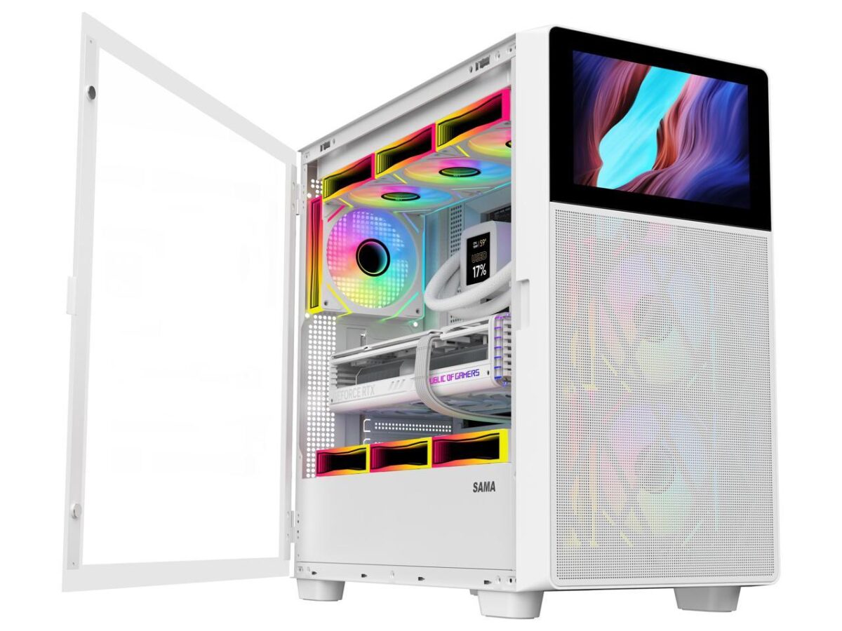 ⁦SAMA V-play ATX Mid Tower High-end Gaming Computer PC Case With 8-inch LCD Display, Tempered Glass Side Panels, Supports Multiple Cooling Configurations White⁩ - الصورة ⁦3⁩