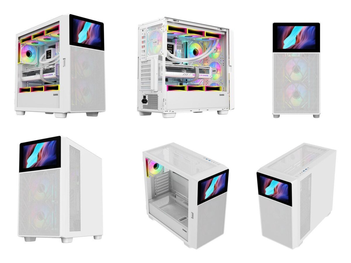 ⁦SAMA V-play ATX Mid Tower High-end Gaming Computer PC Case With 8-inch LCD Display, Tempered Glass Side Panels, Supports Multiple Cooling Configurations White⁩ - الصورة ⁦2⁩