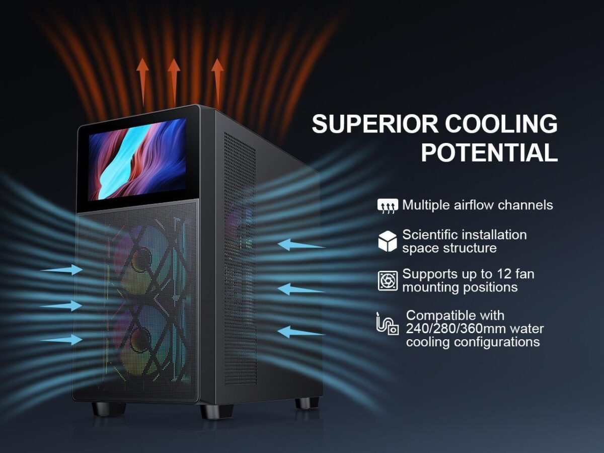 ⁦SAMA V-play ATX Mid Tower High-end Gaming Computer PC Case With 8-inch LCD Display, Tempered Glass Side Panels, Supports Multiple Cooling Configurations Black⁩ - الصورة ⁦4⁩