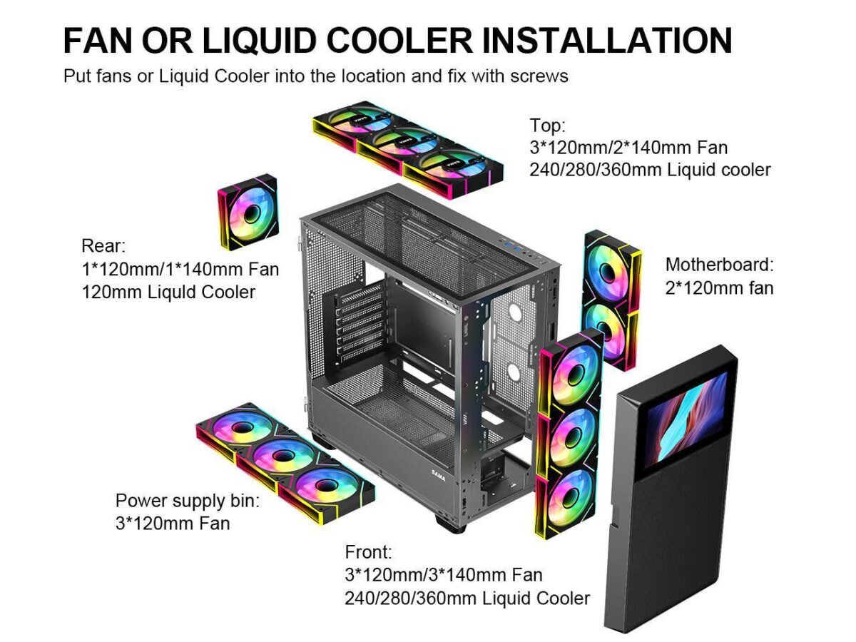 ⁦SAMA V-play ATX Mid Tower High-end Gaming Computer PC Case With 8-inch LCD Display, Tempered Glass Side Panels, Supports Multiple Cooling Configurations Black⁩ - الصورة ⁦5⁩
