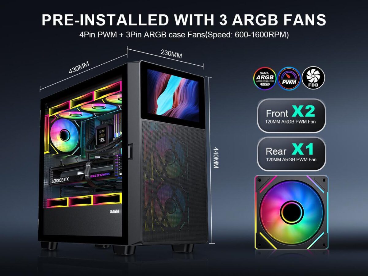 ⁦SAMA V-play ATX Mid Tower High-end Gaming Computer PC Case With 8-inch LCD Display, Tempered Glass Side Panels, Supports Multiple Cooling Configurations Black⁩ - الصورة ⁦6⁩