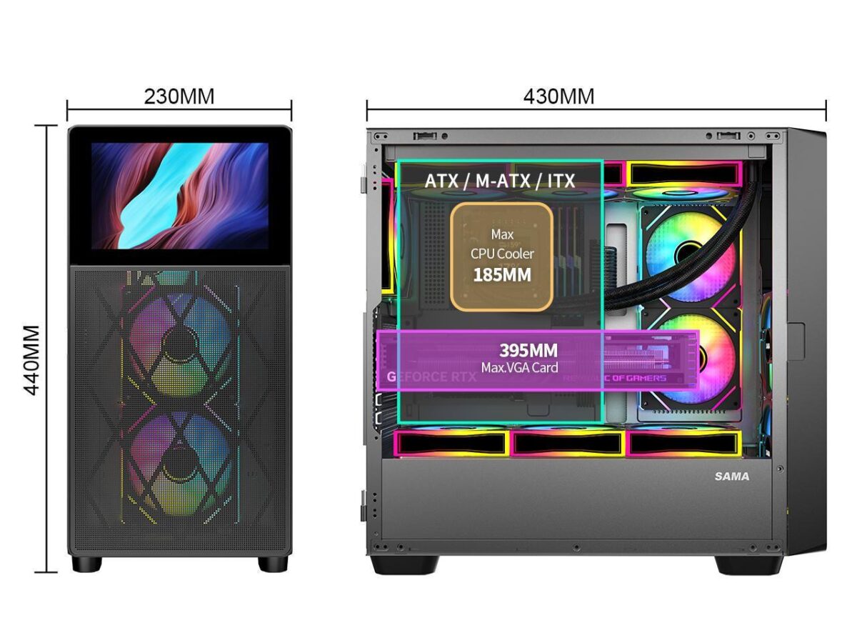 ⁦SAMA V-play ATX Mid Tower High-end Gaming Computer PC Case With 8-inch LCD Display, Tempered Glass Side Panels, Supports Multiple Cooling Configurations Black⁩ - الصورة ⁦8⁩