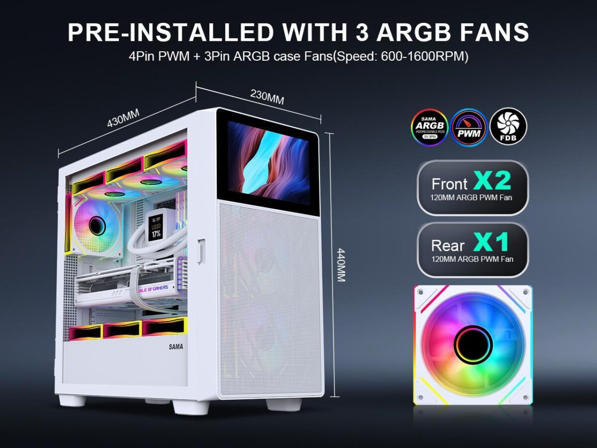 ⁦SAMA V-play ATX Mid Tower High-end Gaming Computer PC Case With 8-inch LCD Display, Tempered Glass Side Panels, Supports Multiple Cooling Configurations White⁩ - الصورة ⁦4⁩