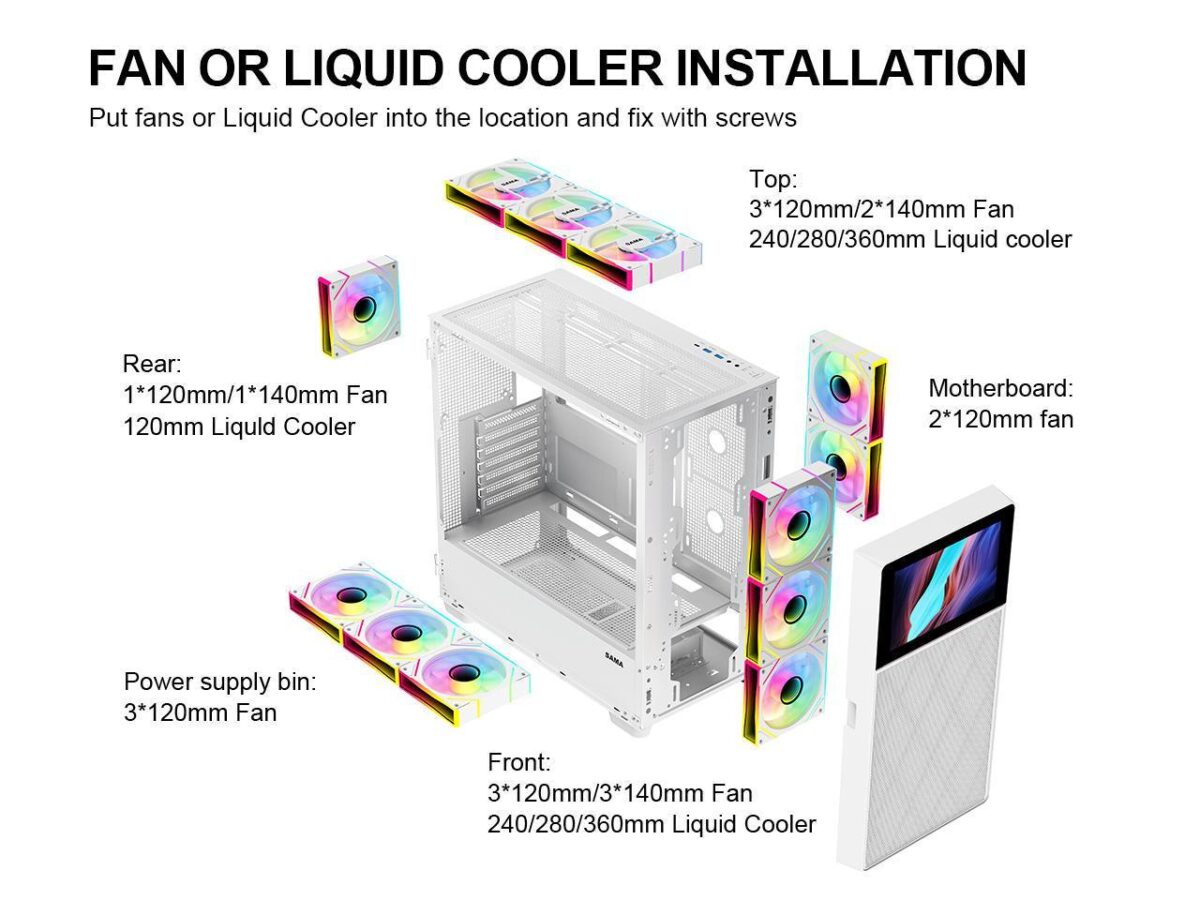⁦SAMA V-play ATX Mid Tower High-end Gaming Computer PC Case With 8-inch LCD Display, Tempered Glass Side Panels, Supports Multiple Cooling Configurations White⁩ - الصورة ⁦7⁩