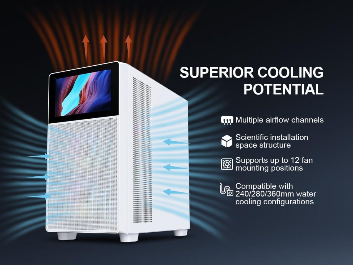 ⁦SAMA V-play ATX Mid Tower High-end Gaming Computer PC Case With 8-inch LCD Display, Tempered Glass Side Panels, Supports Multiple Cooling Configurations White⁩ - الصورة ⁦8⁩