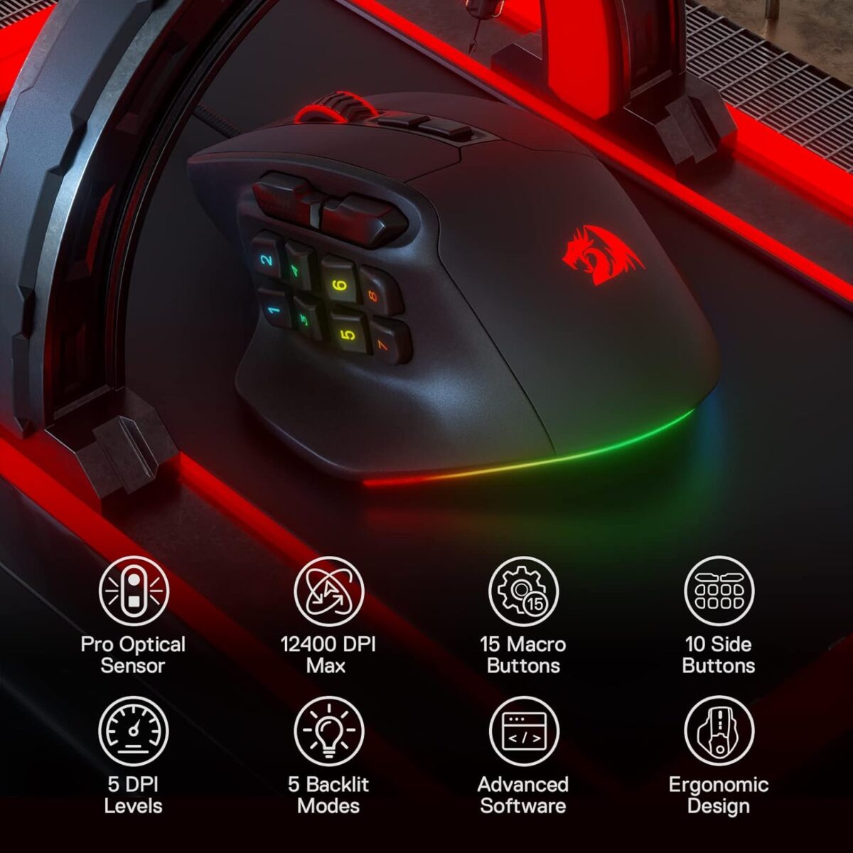 ⁦Redragon M811 Aatrox MMO Gaming Mouse, 15 Programmable Buttons Wired RGB Mouse w/Ergonomic Natural Grip Build, 10 Side Macro Keys, Software Supports DIY Keybinds & Backlit⁩ - الصورة ⁦4⁩