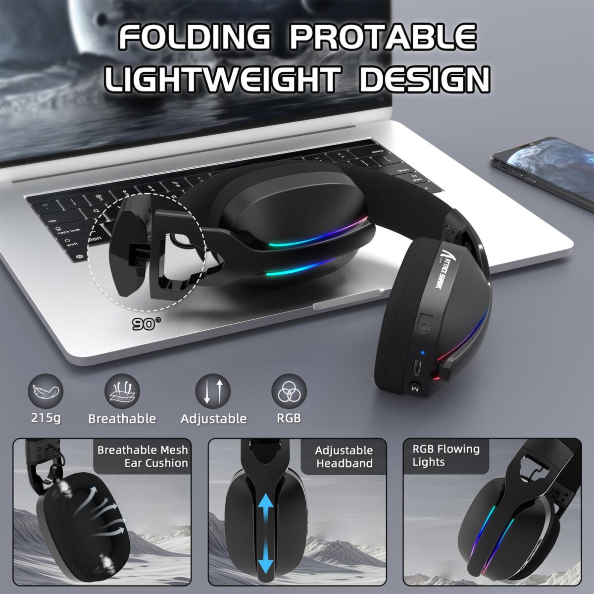 ⁦ATTACK SHARK L90 Foldable RGB Ultra-Light Tri-Mode Gaming Headset⁩ - الصورة ⁦4⁩